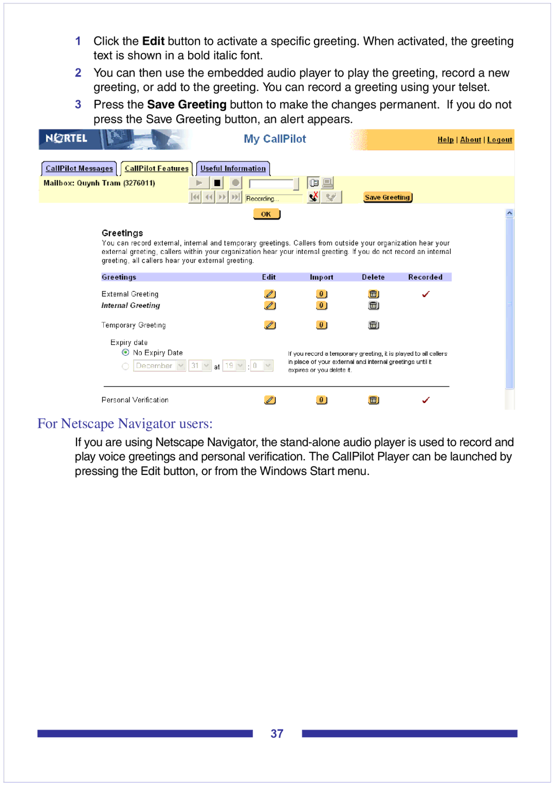 Nortel Networks CallPilot Desktop Messaging manual For Netscape Navigator users 