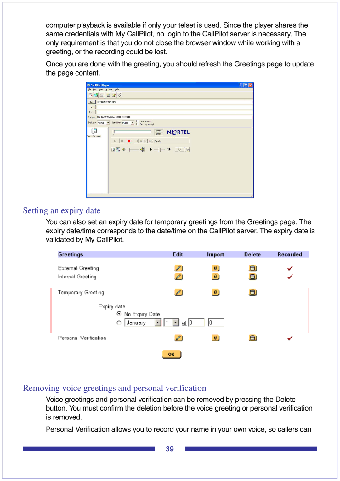 Nortel Networks CallPilot Desktop Messaging Setting an expiry date, Removing voice greetings and personal verification 