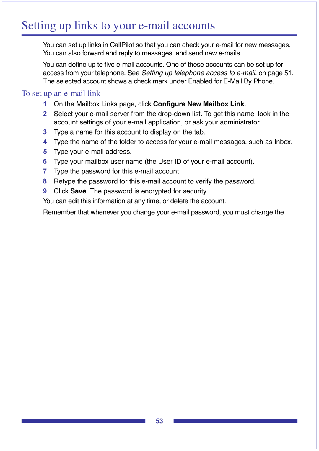 Nortel Networks CallPilot Desktop Messaging manual Setting up links to your e-mail accounts, To set up an e-mail link 