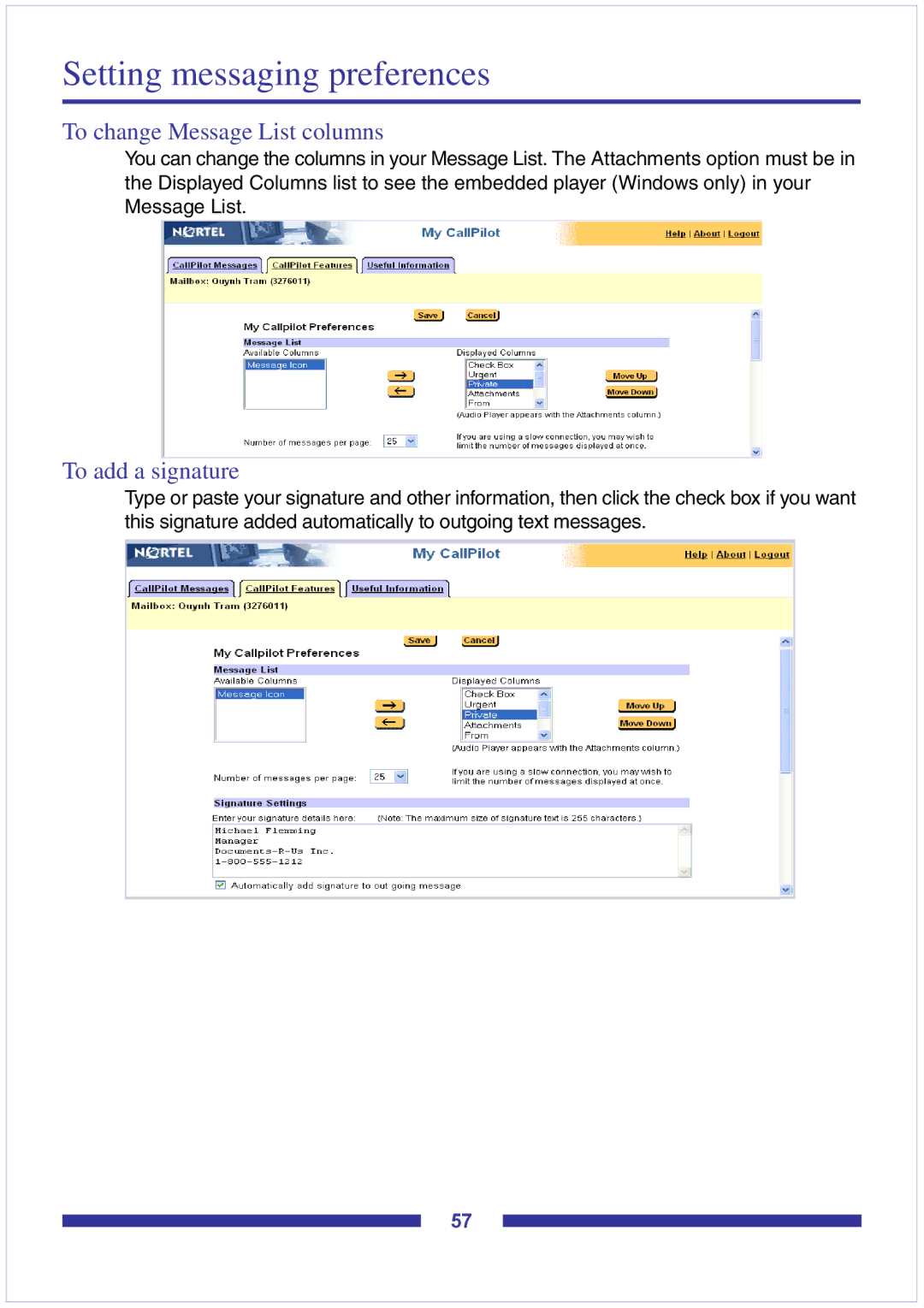 Nortel Networks CallPilot Desktop Messaging manual Setting messaging preferences, To change Message List columns 