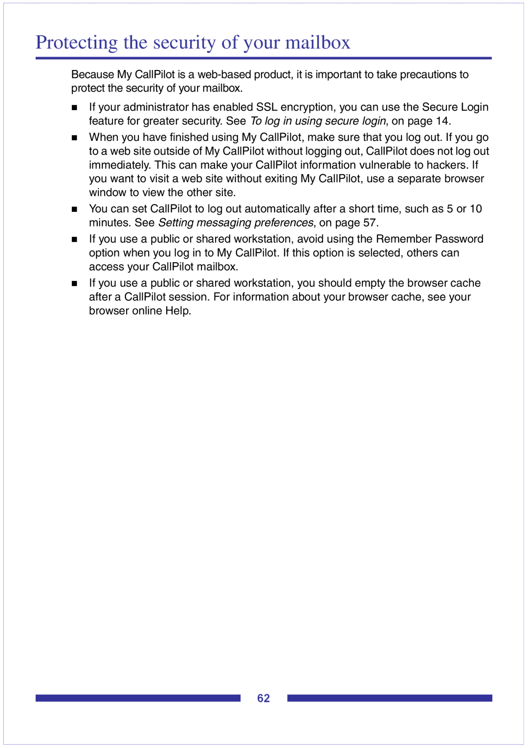 Nortel Networks CallPilot Desktop Messaging manual Protecting the security of your mailbox 