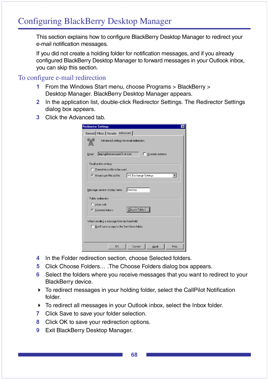 Nortel Networks CallPilot Desktop Messaging manual Configuring BlackBerry Desktop Manager, To configure e-mail redirection 