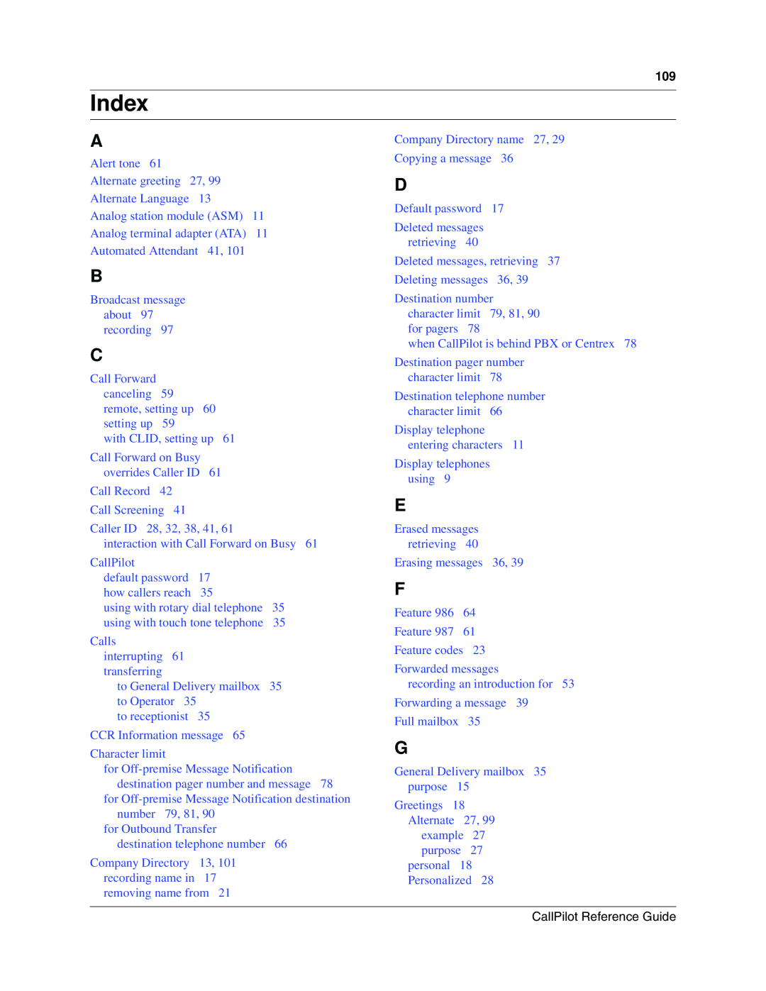 Nortel Networks CallPilot manual Index 