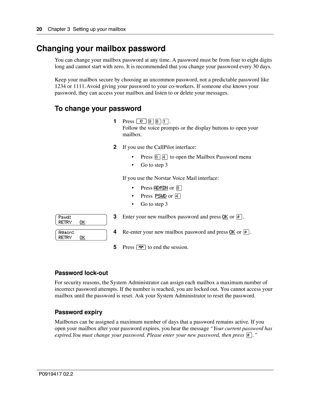 Nortel Networks CallPilot Changing your mailbox password, To change your password, Password lock-out, Password expiry 