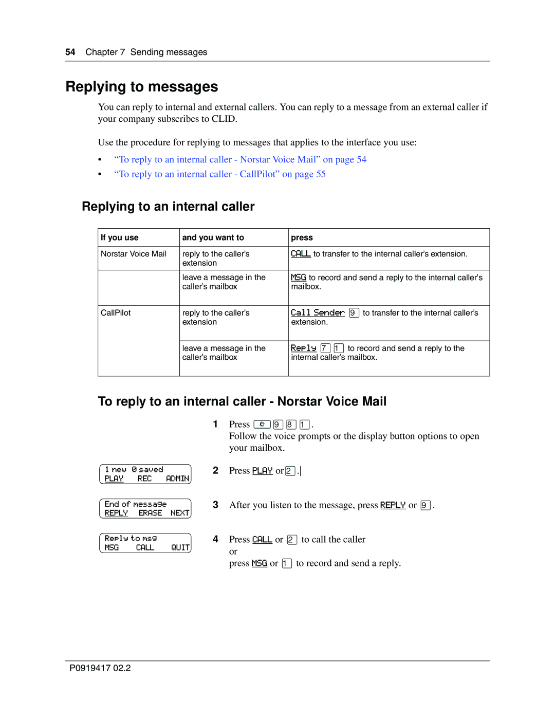 Nortel Networks CallPilot manual Replying to messages, Replying to an internal caller, Press Play or¤ 