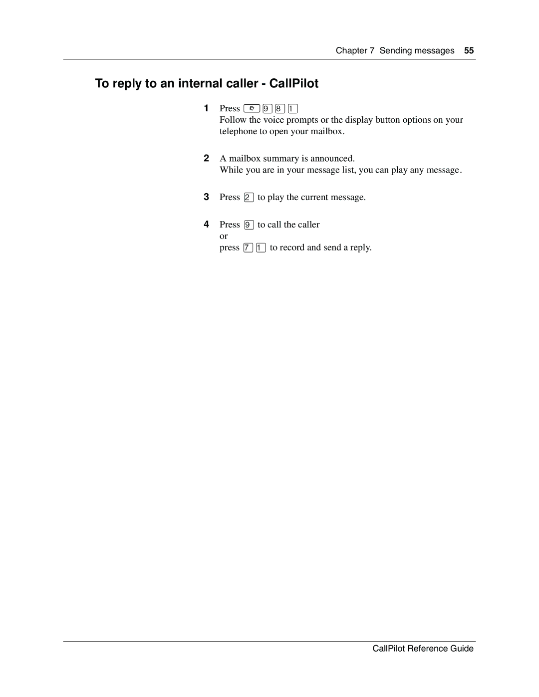 Nortel Networks manual To reply to an internal caller CallPilot 