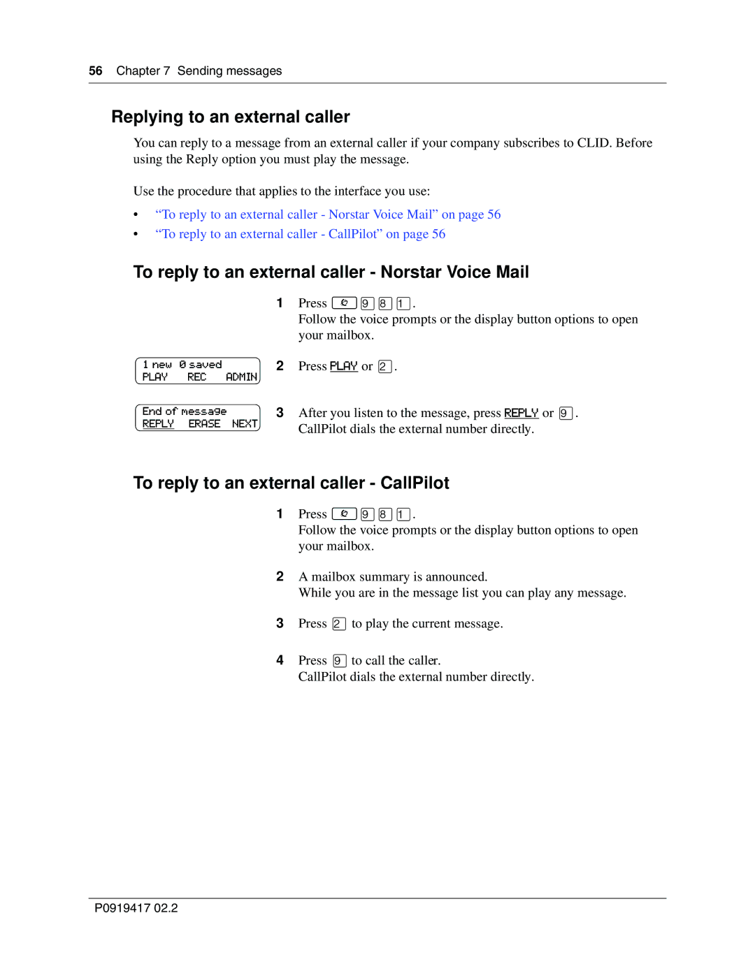 Nortel Networks CallPilot manual Replying to an external caller, To reply to an external caller Norstar Voice Mail 