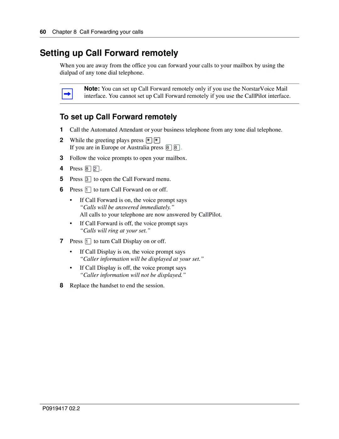 Nortel Networks CallPilot manual Setting up Call Forward remotely, To set up Call Forward remotely 