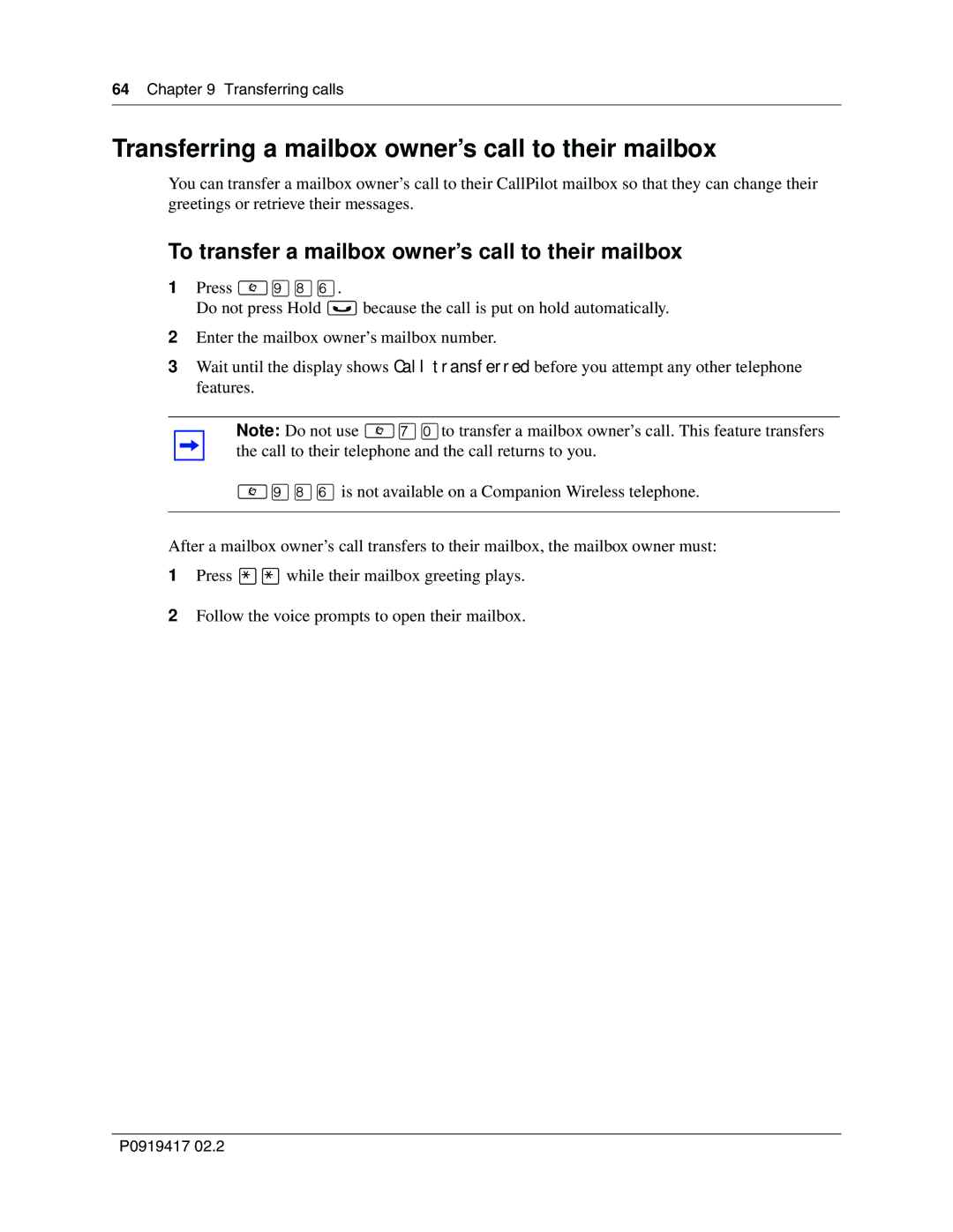 Nortel Networks CallPilot manual Transferring a mailbox owner’s call to their mailbox 