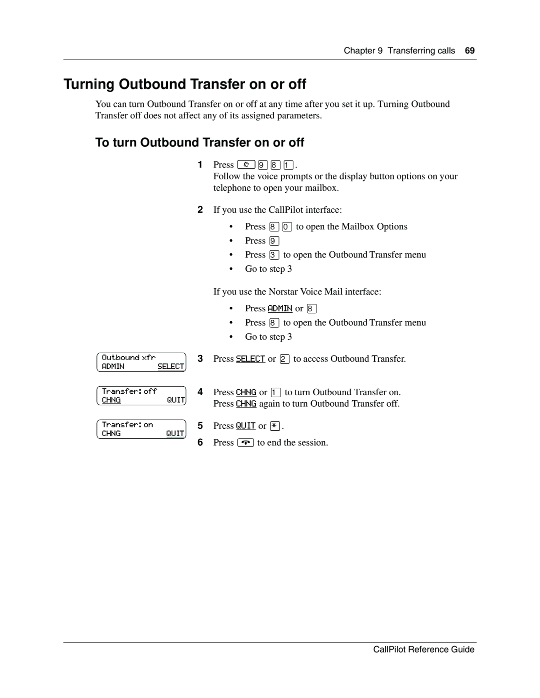 Nortel Networks CallPilot manual Turning Outbound Transfer on or off, To turn Outbound Transfer on or off, Press Quit or 