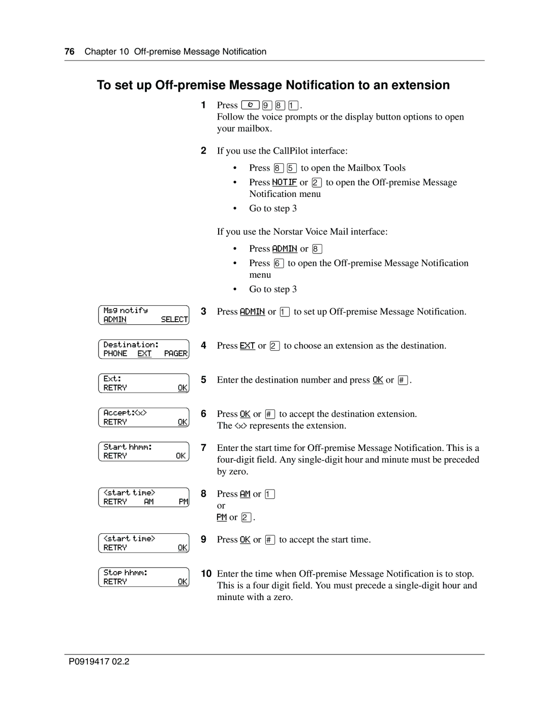 Nortel Networks CallPilot manual To set up Off-premise Message Notification to an extension 