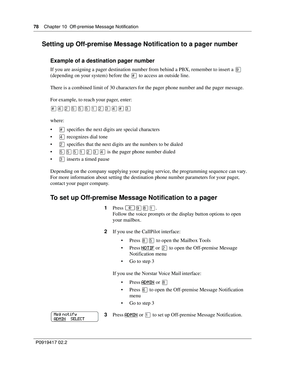 Nortel Networks CallPilot To set up Off-premise Message Notification to a pager, Example of a destination pager number 