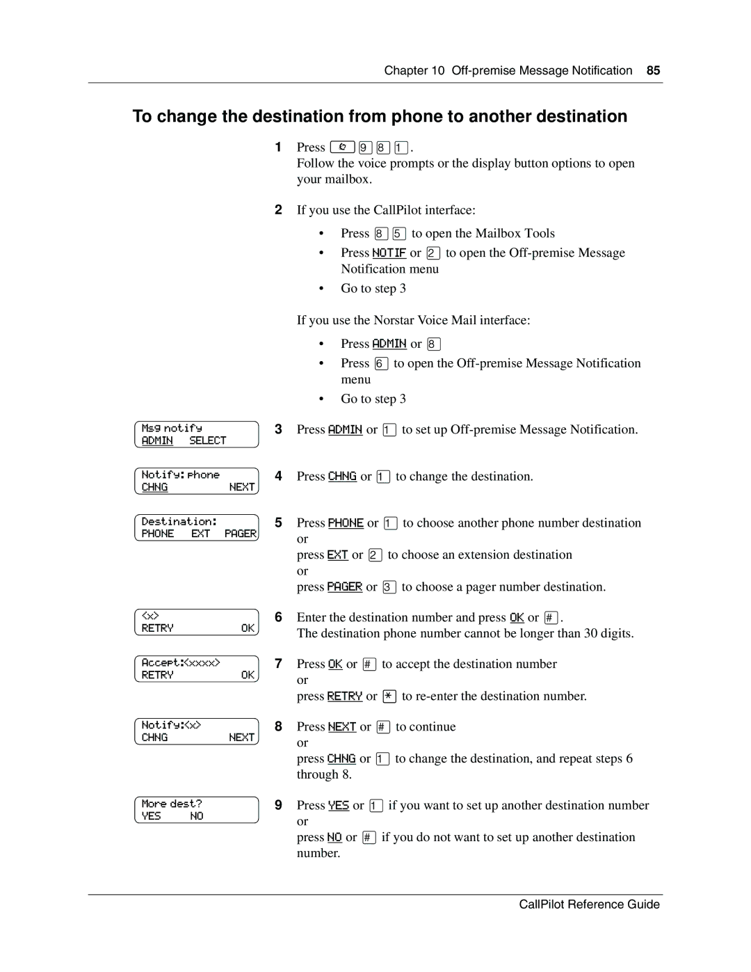 Nortel Networks CallPilot manual To change the destination from phone to another destination 