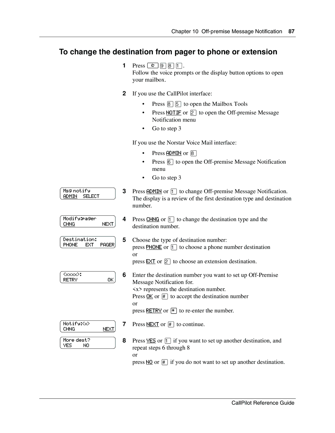 Nortel Networks CallPilot manual To change the destination from pager to phone or extension 