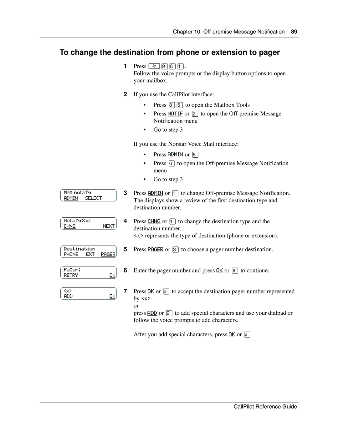 Nortel Networks CallPilot manual To change the destination from phone or extension to pager 