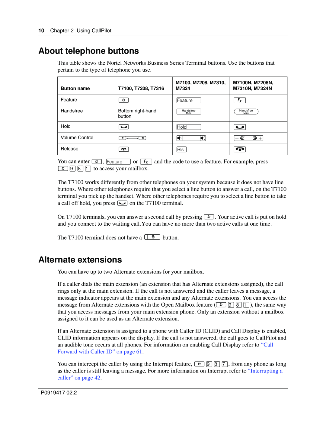 Nortel Networks CallPilot manual About telephone buttons, Alternate extensions 