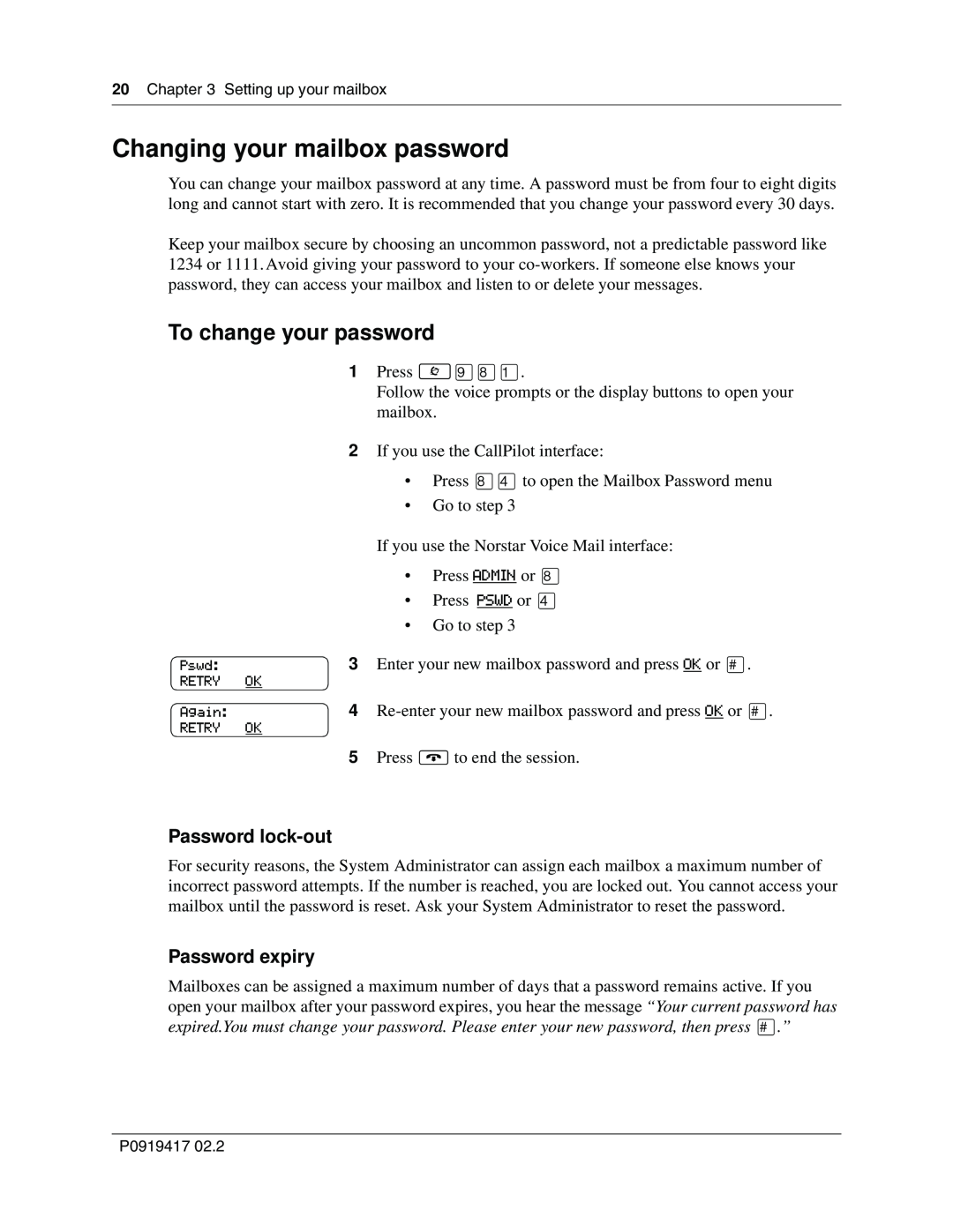 Nortel Networks CallPilot Changing your mailbox password, To change your password, Password lock-out, Password expiry 