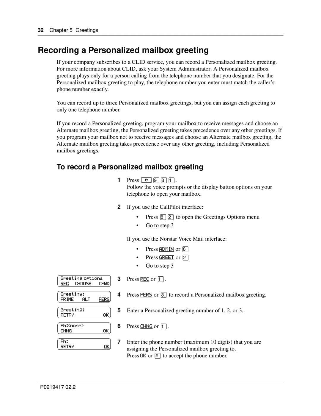 Nortel Networks CallPilot manual Recording a Personalized mailbox greeting, To record a Personalized mailbox greeting 