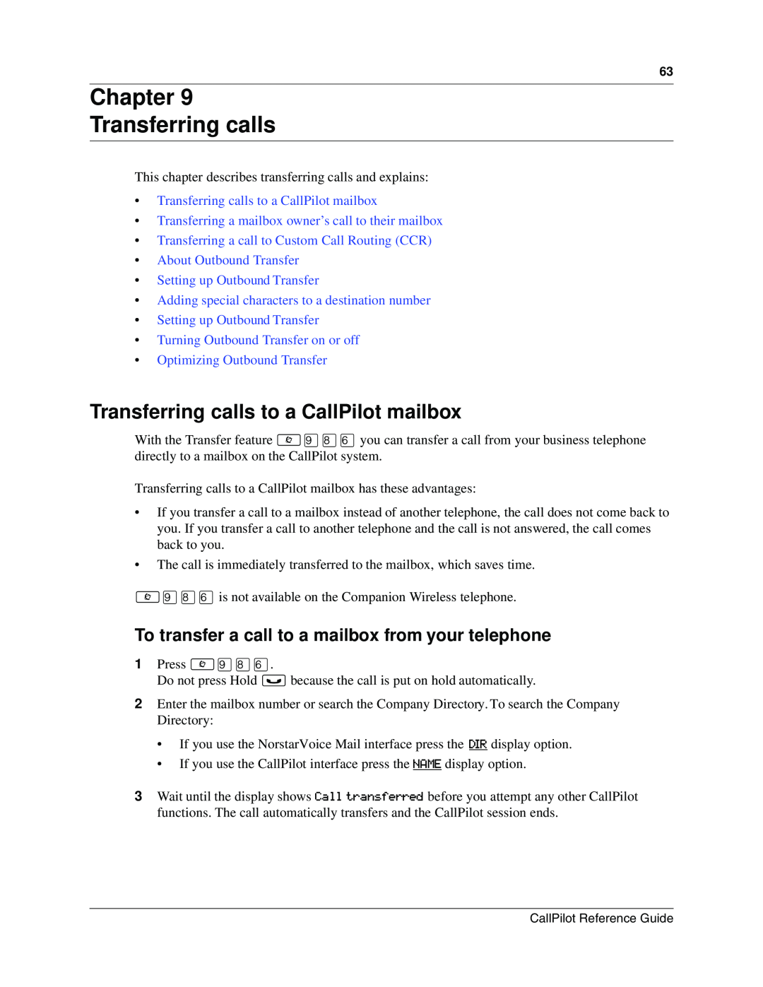 Nortel Networks Chapter Transferring calls, Transferring calls to a CallPilot mailbox, Optimizing Outbound Transfer 