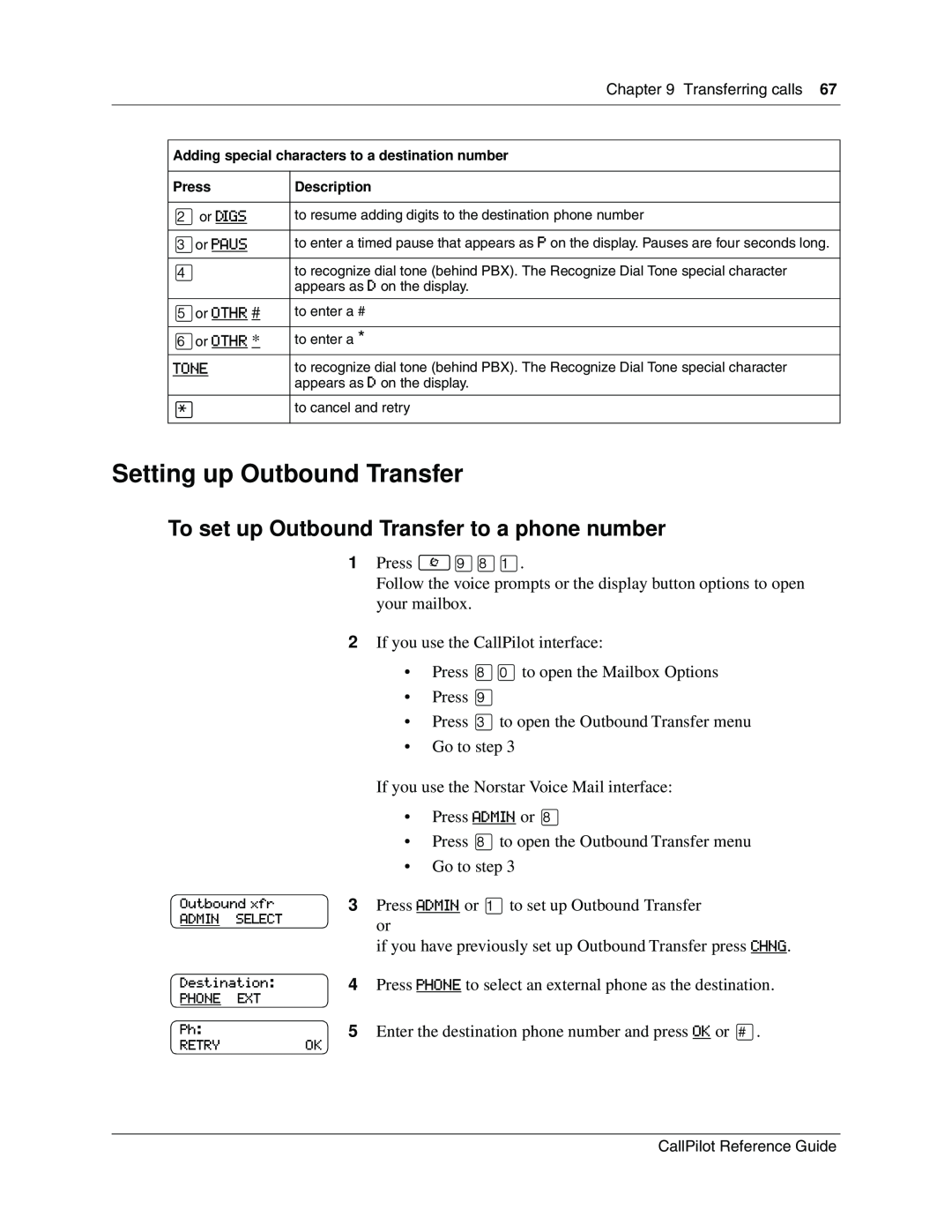 Nortel Networks CallPilot Setting up Outbound Transfer, To set up Outbound Transfer to a phone number, ¤or DIGS, ‹or PAUS 