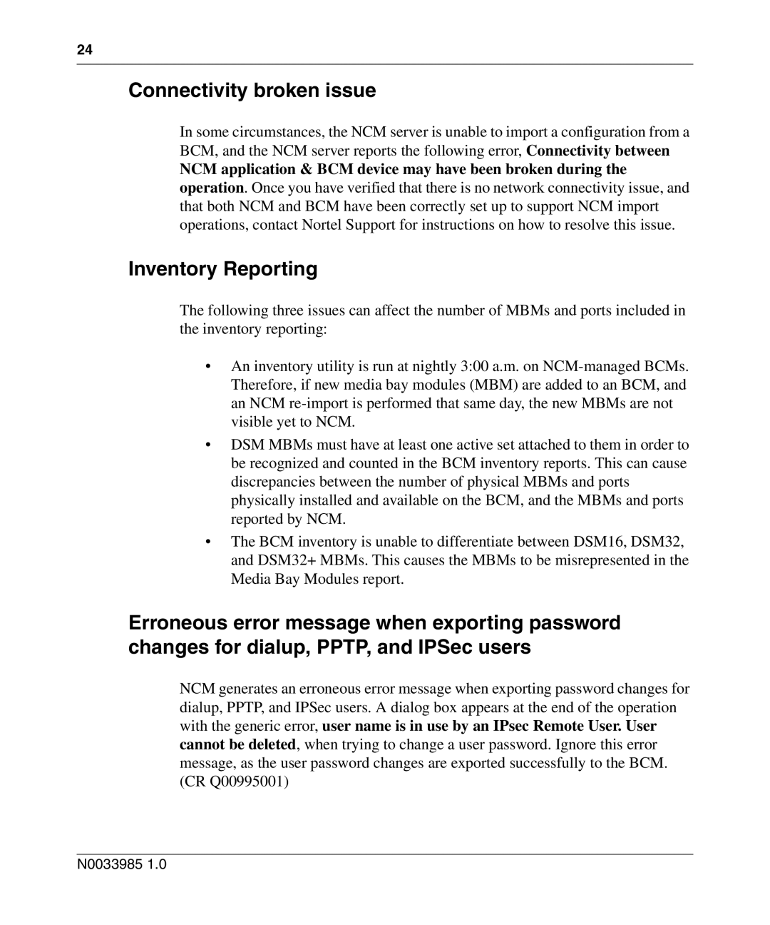 Nortel Networks Cartridge manual Connectivity broken issue, Inventory Reporting 