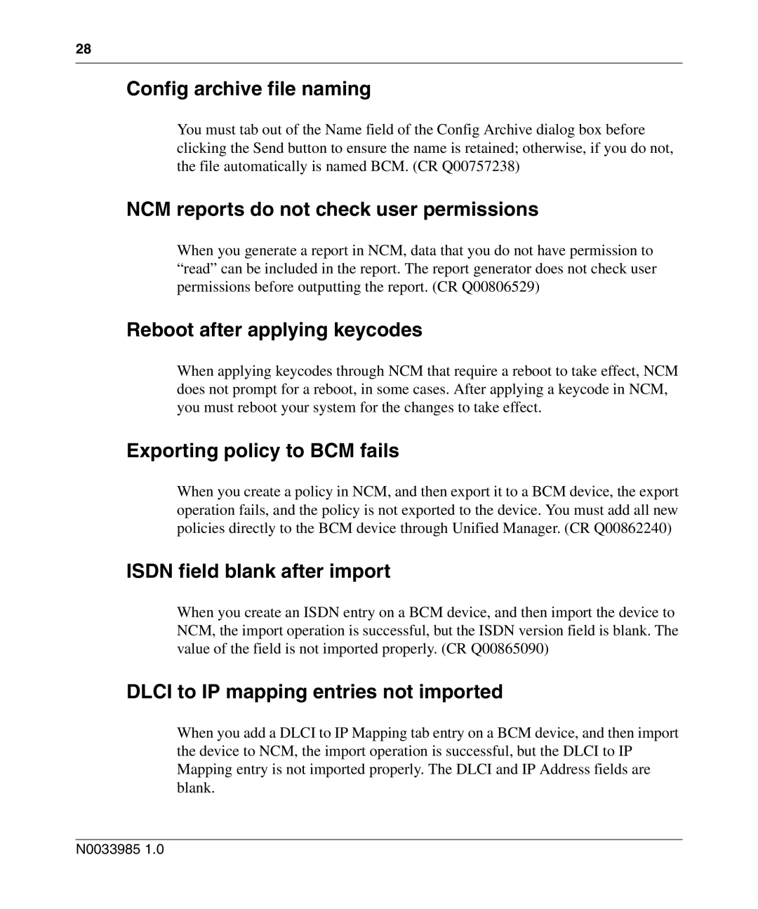 Nortel Networks Cartridge manual Config archive file naming, NCM reports do not check user permissions 