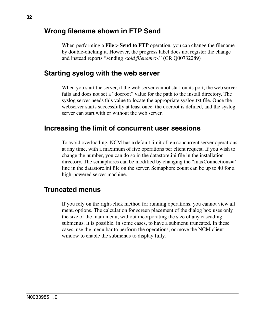 Nortel Networks Cartridge manual Wrong filename shown in FTP Send, Starting syslog with the web server, Truncated menus 