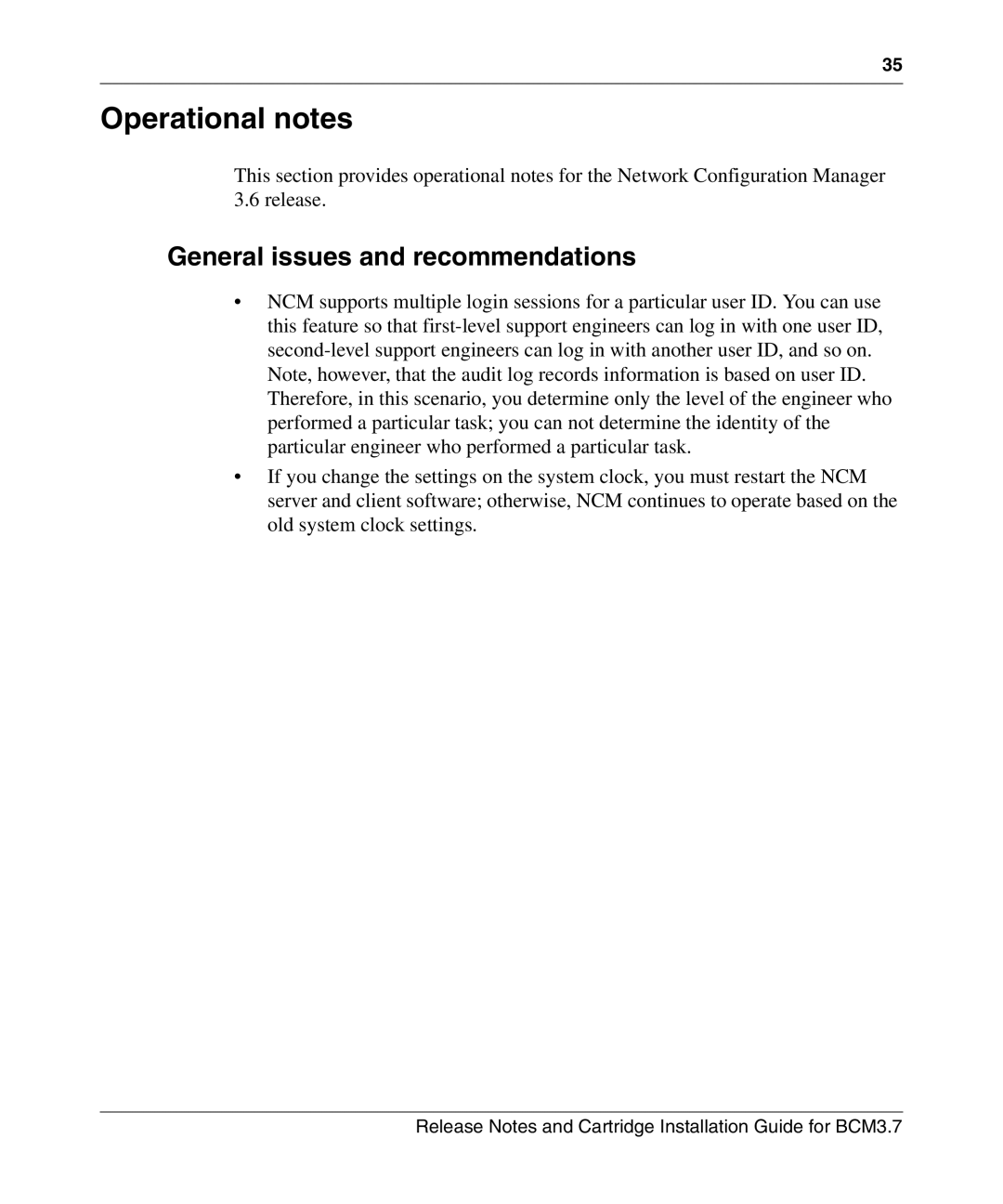 Nortel Networks Cartridge manual Operational notes, General issues and recommendations 