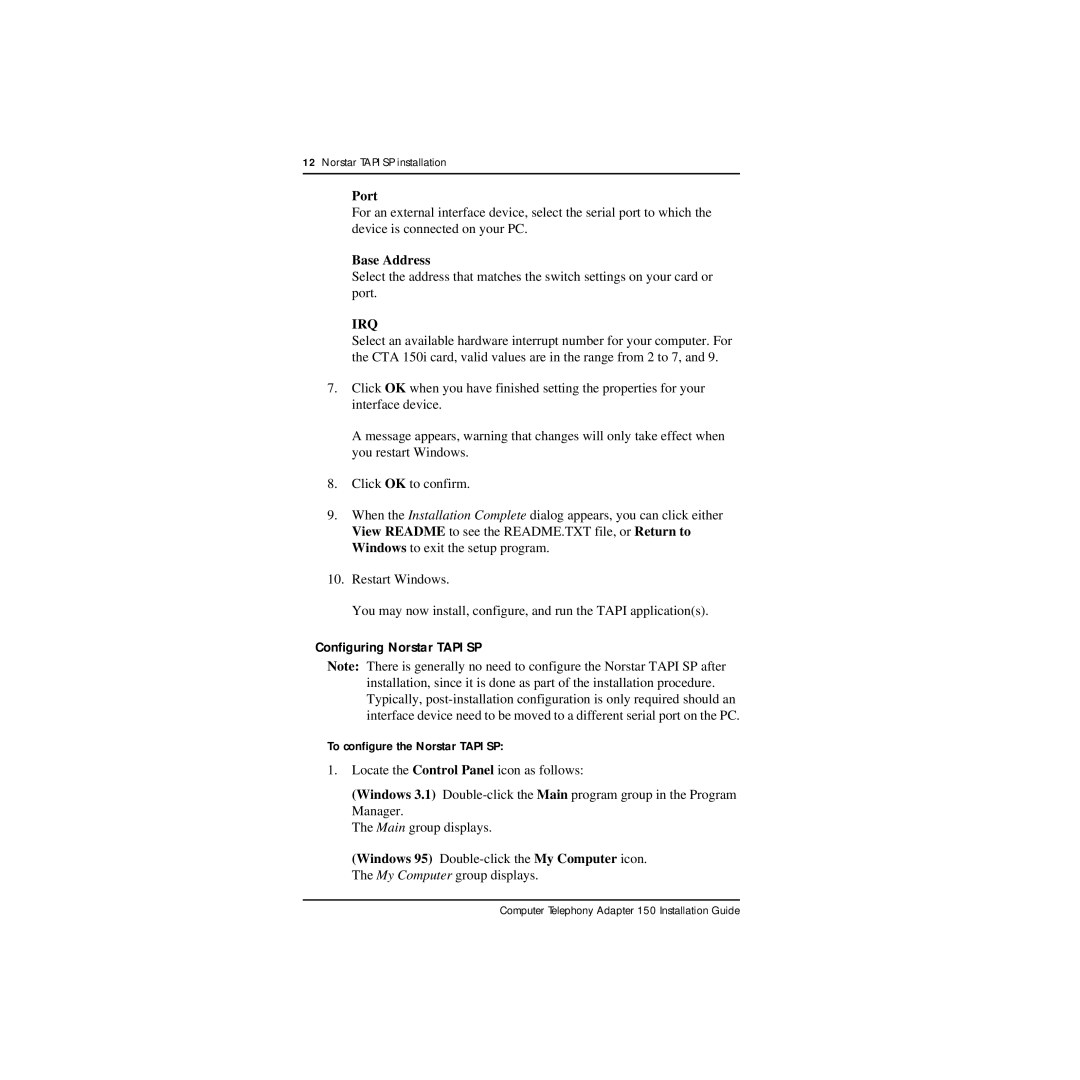 Nortel Networks CTA 150i manual Port, Base Address, Configuring Norstar Tapi SP 