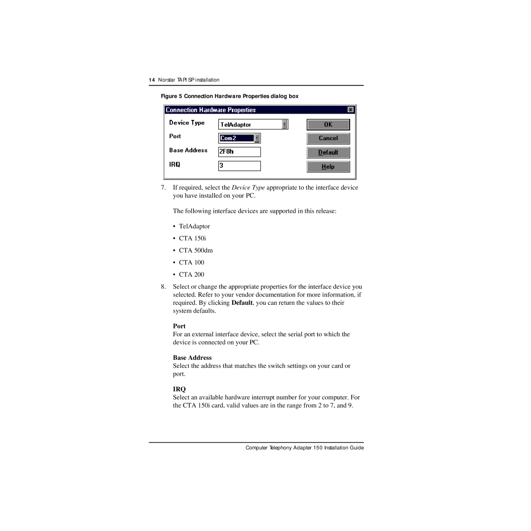 Nortel Networks CTA 150i manual Connection Hardware Properties dialog box 