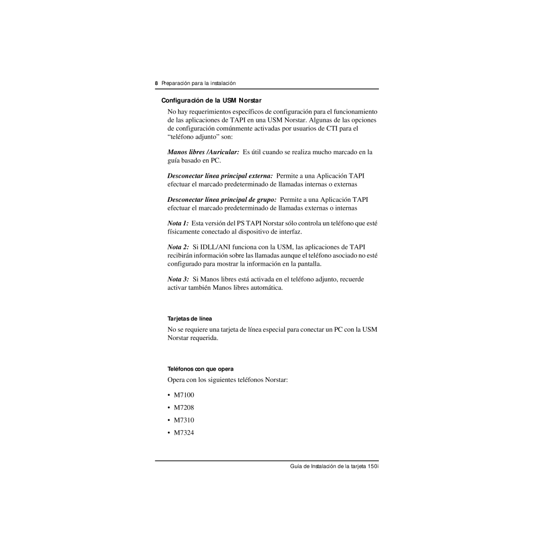 Nortel Networks CTA 150i manual Configuración de la USM Norstar 