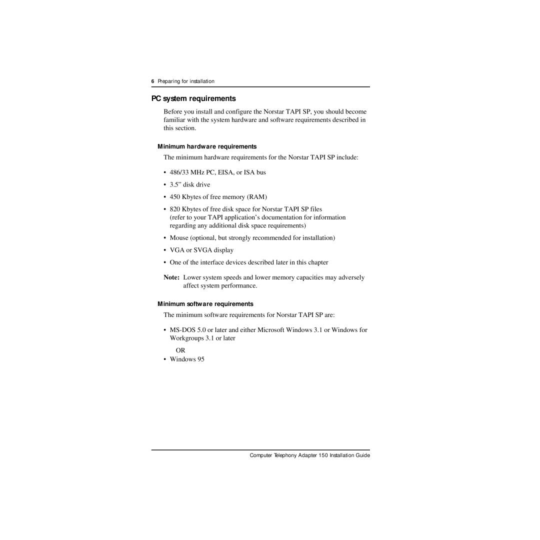 Nortel Networks CTA 150i manual PC system requirements, Minimum hardware requirements, Minimum software requirements 