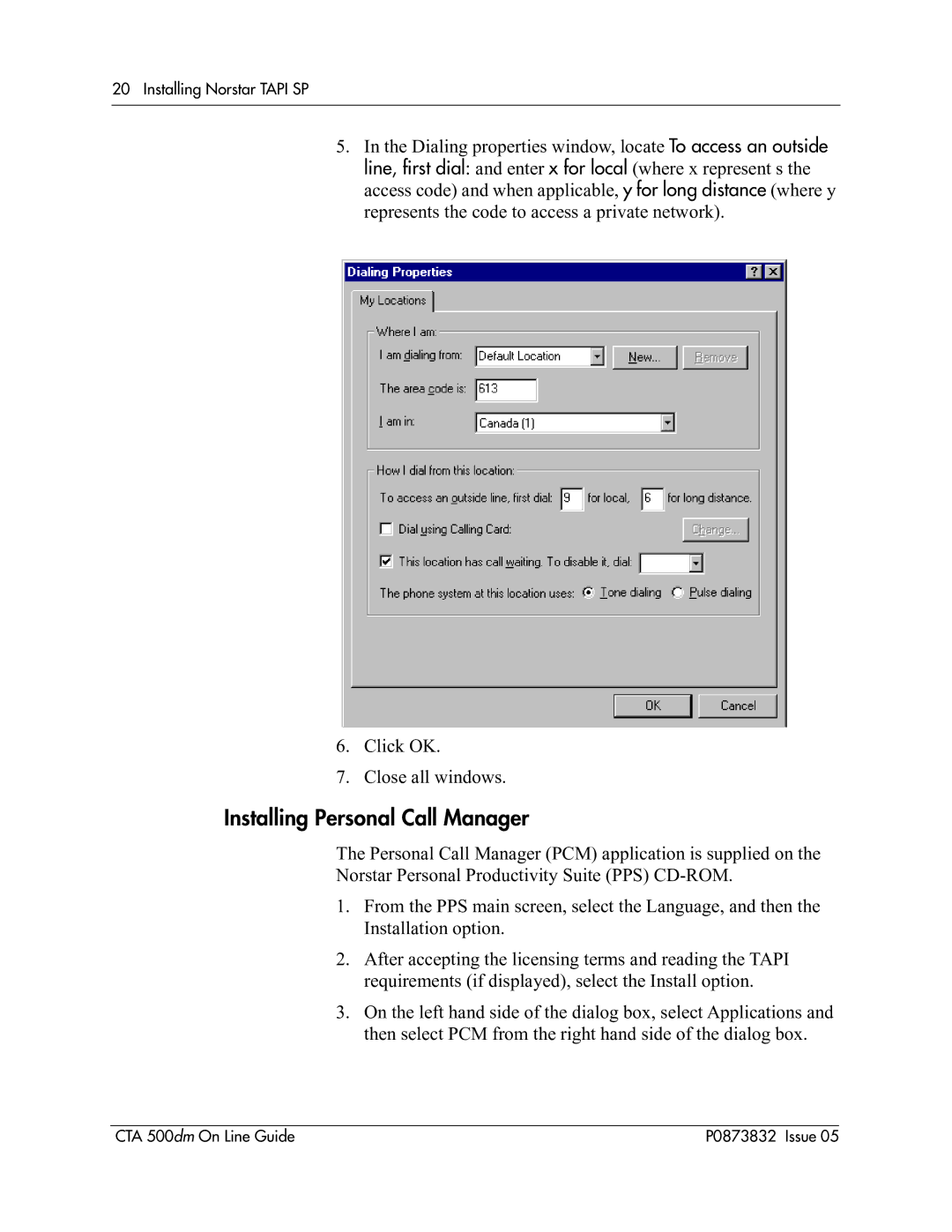 Nortel Networks CTA 500dm manual Installing Personal Call Manager 