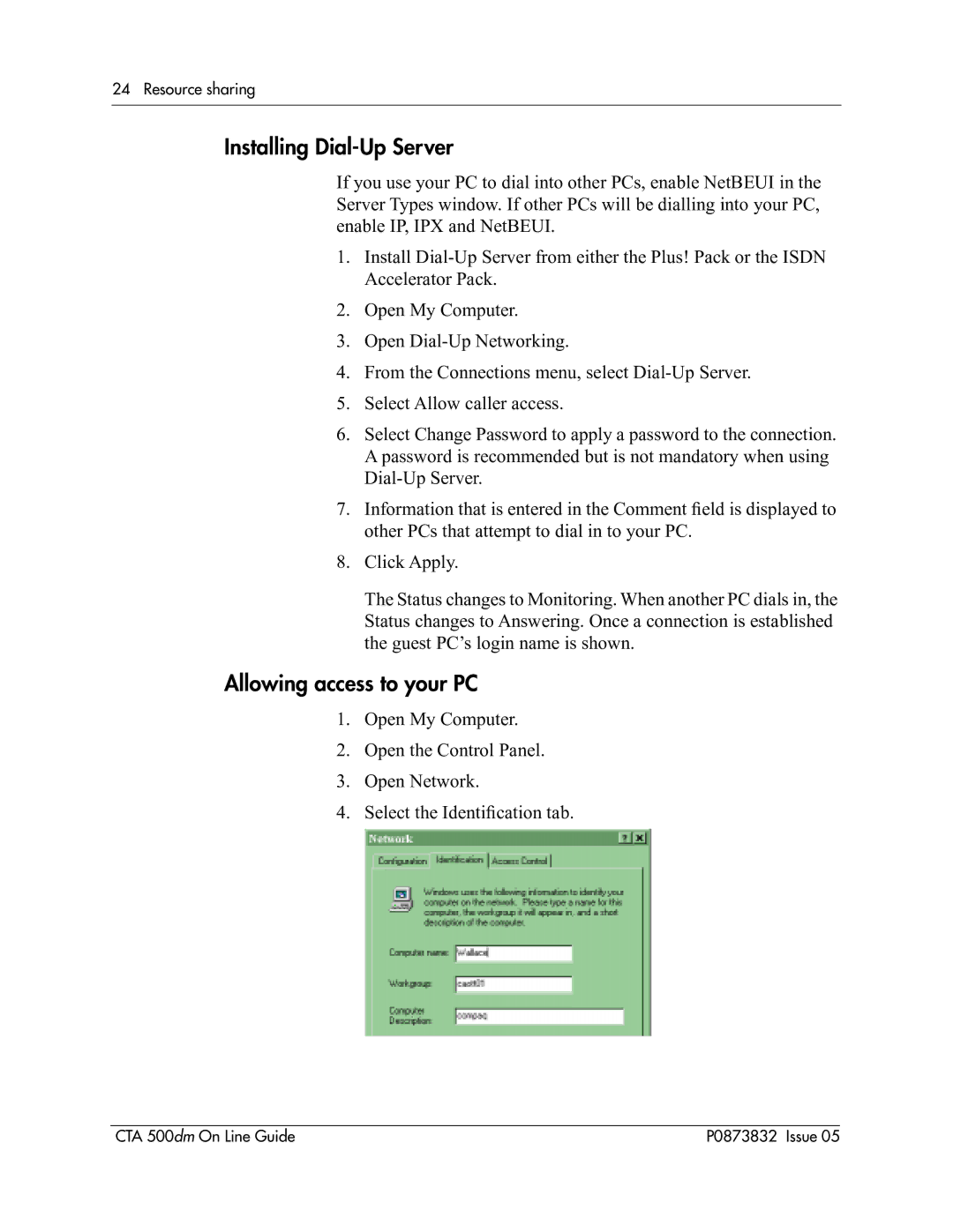 Nortel Networks CTA 500dm manual Installing Dial-Up Server, Allowing access to your PC 