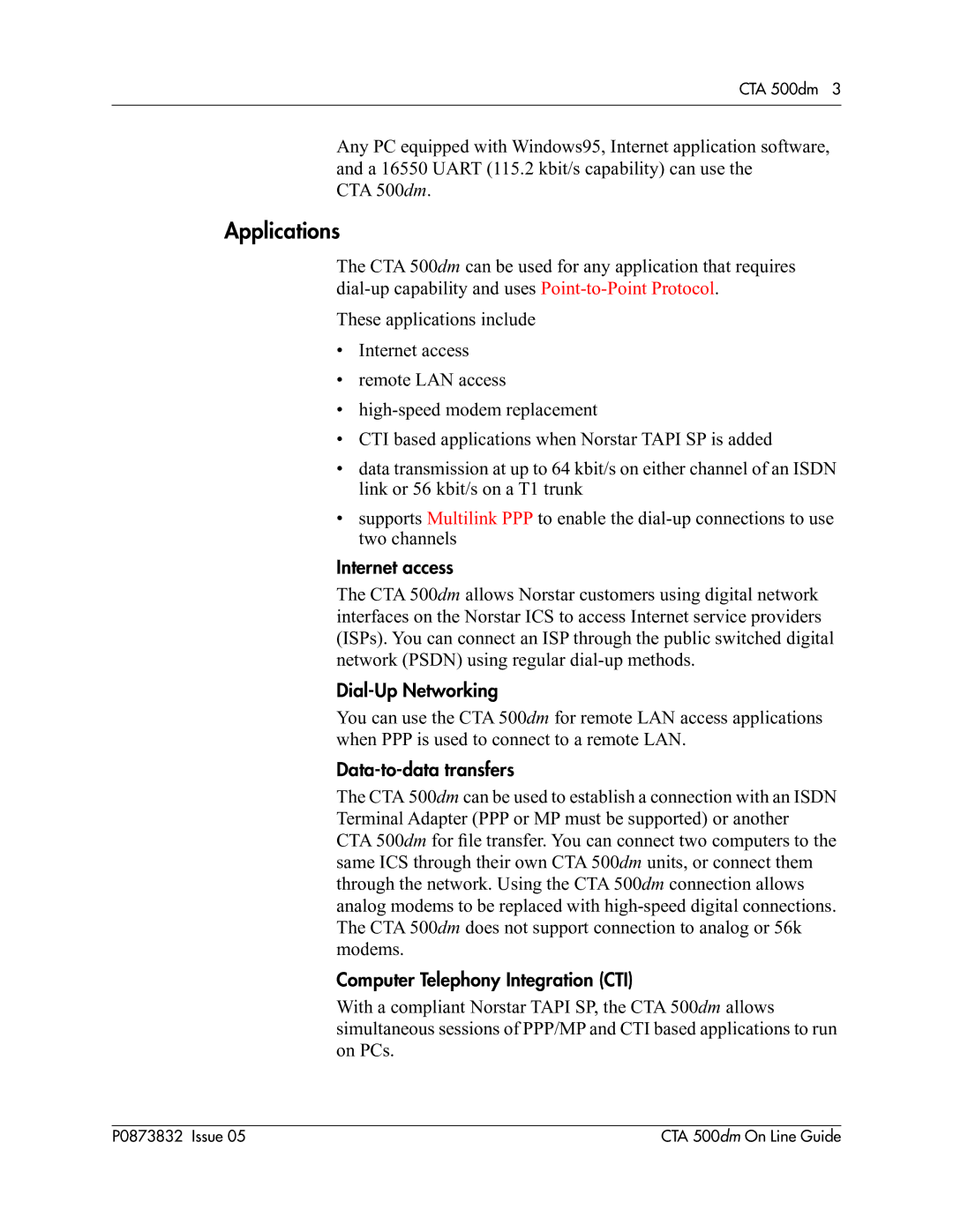 Nortel Networks CTA 500dm manual Applications, Internet access, Dial-Up Networking, Data-to-data transfers 