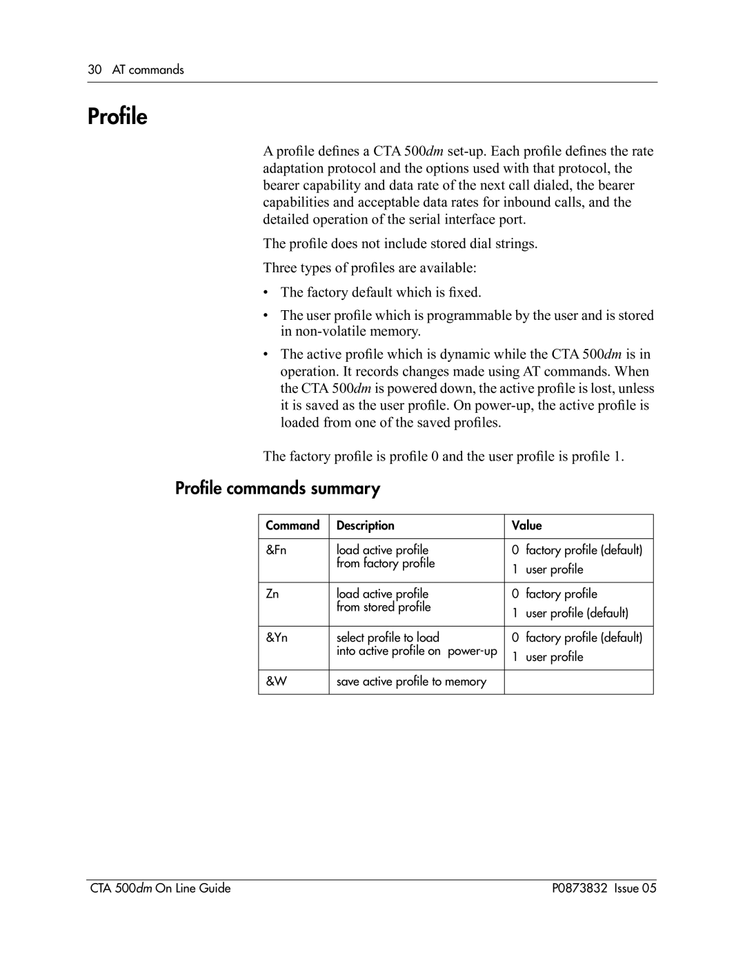 Nortel Networks CTA 500dm manual Proﬁle commands summary 