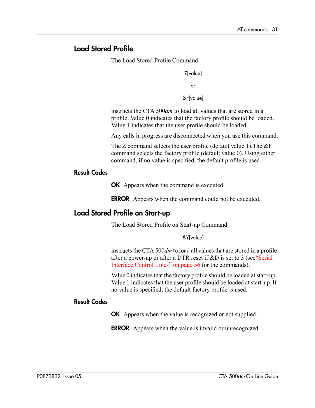 Nortel Networks CTA 500dm manual Load Stored Proﬁle on Start-up, Result Codes 