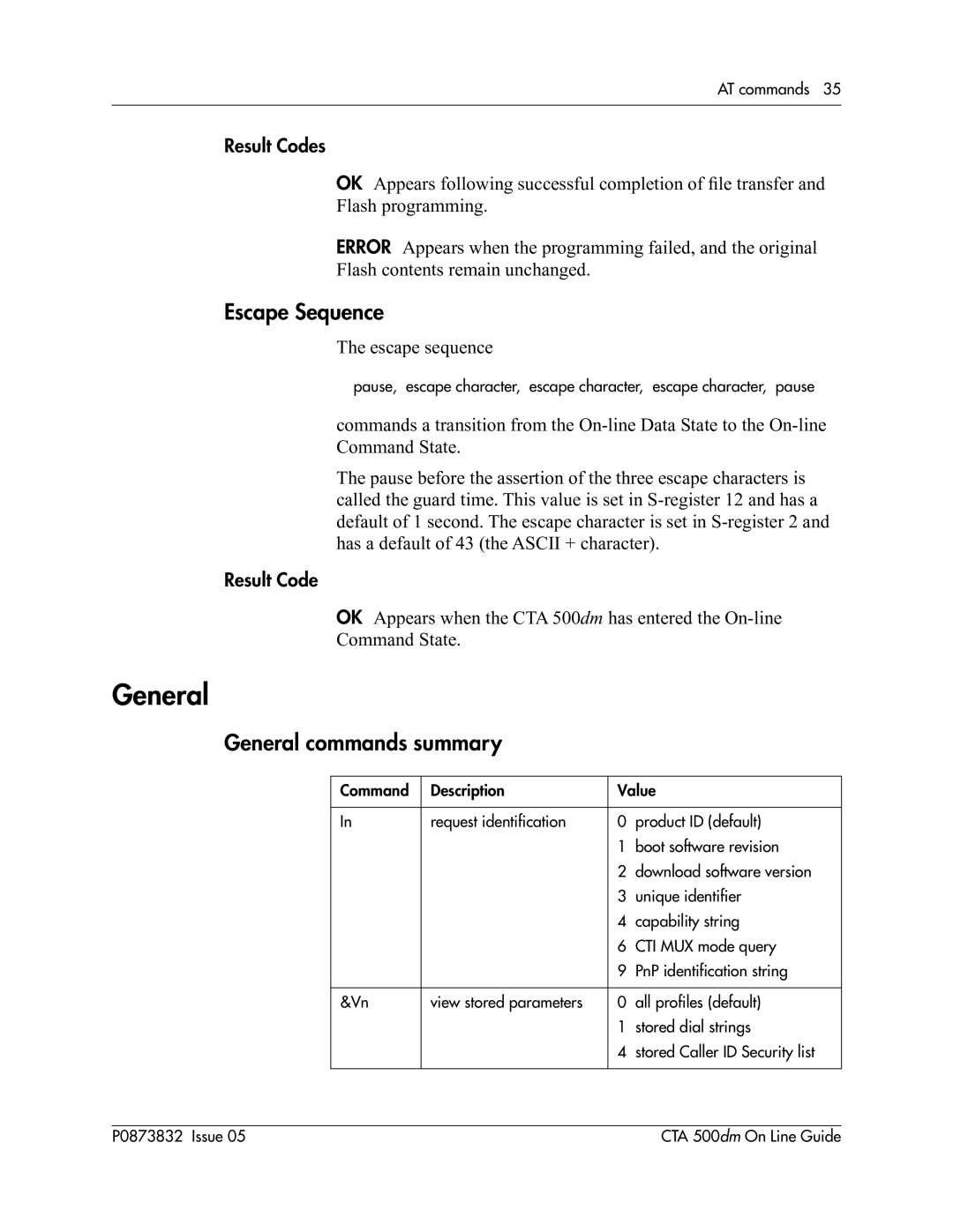 Nortel Networks CTA 500dm manual Escape Sequence, General commands summary, Result Code 