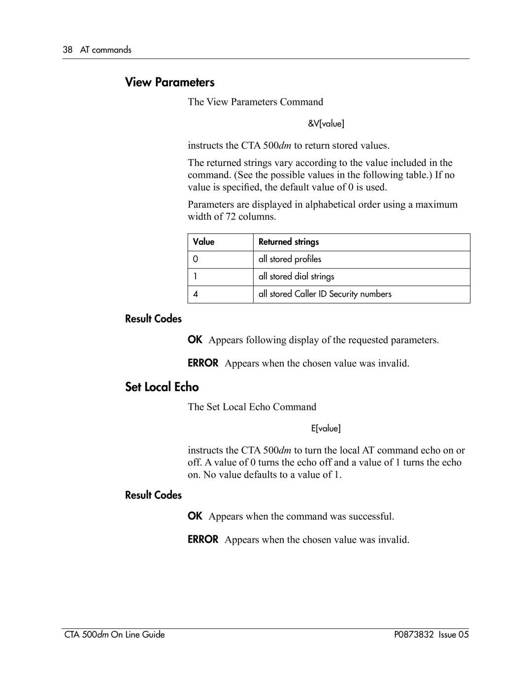 Nortel Networks CTA 500dm manual View Parameters, Set Local Echo 