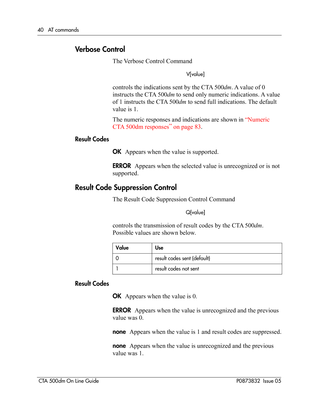 Nortel Networks CTA 500dm manual Verbose Control, Result Code Suppression Control 