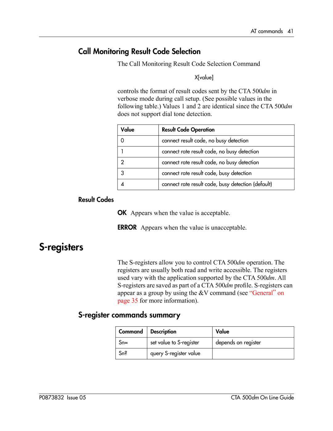 Nortel Networks CTA 500dm manual Registers, Call Monitoring Result Code Selection, Register commands summary 