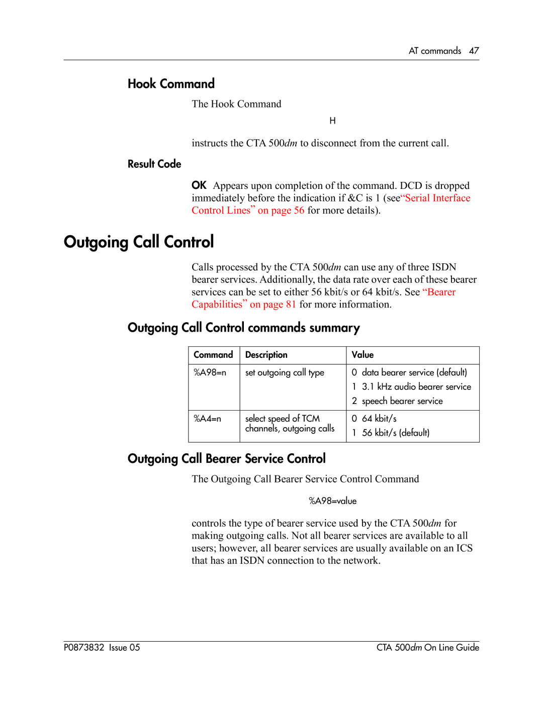 Nortel Networks CTA 500dm Hook Command, Outgoing Call Control commands summary, Outgoing Call Bearer Service Control 