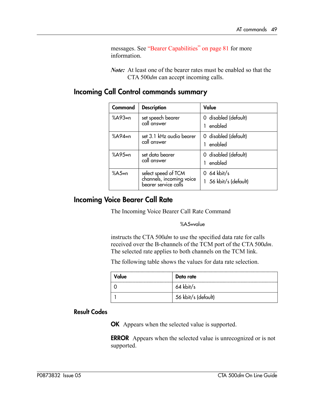 Nortel Networks CTA 500dm manual Incoming Call Control commands summary, Incoming Voice Bearer Call Rate 