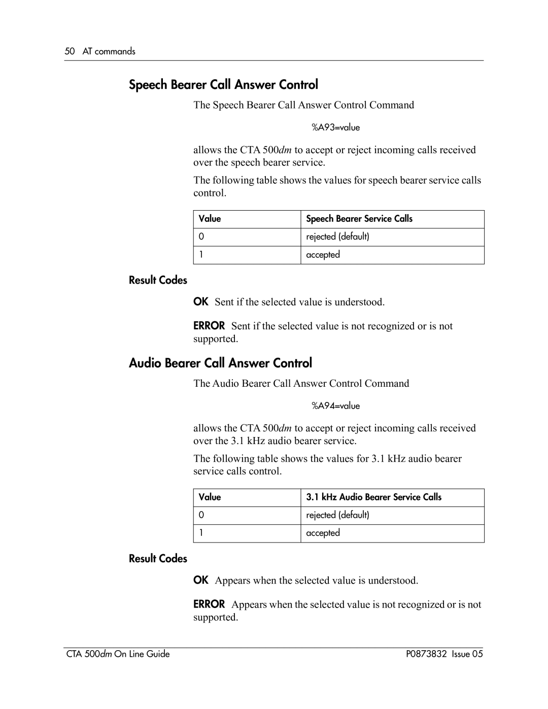 Nortel Networks CTA 500dm manual Speech Bearer Call Answer Control, Audio Bearer Call Answer Control 