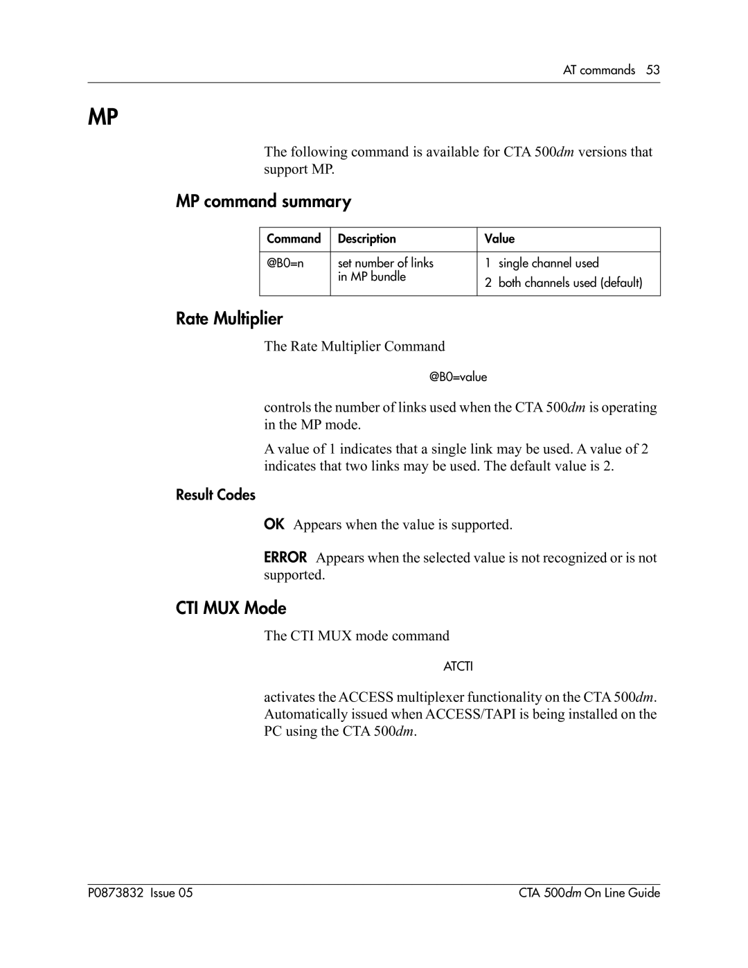 Nortel Networks CTA 500dm manual MP command summary, Rate Multiplier, CTI MUX Mode 