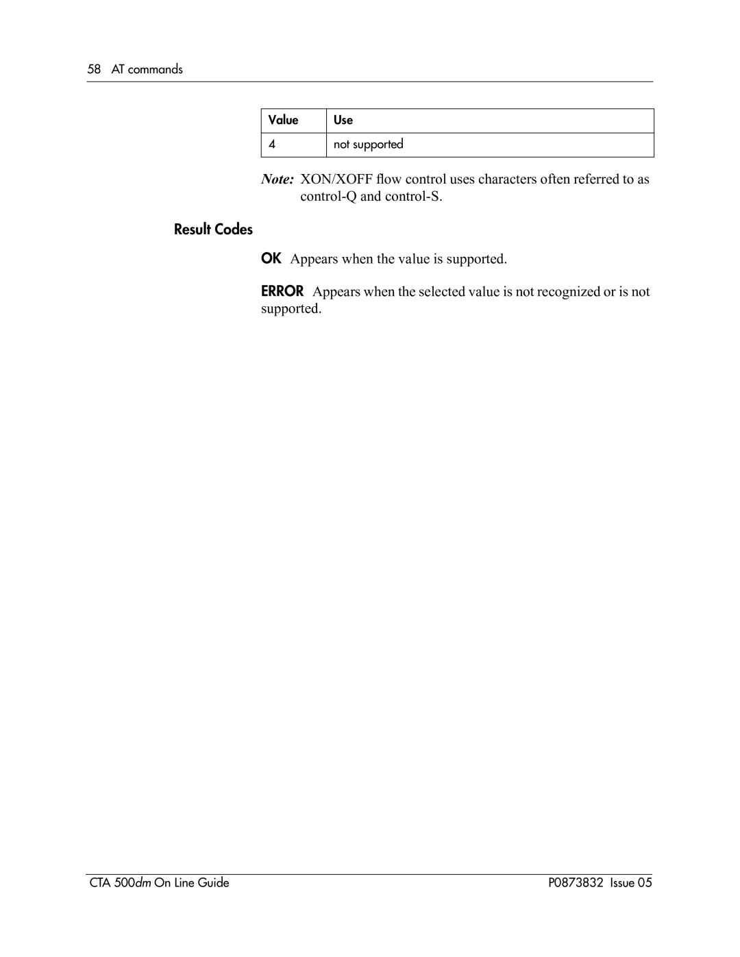 Nortel Networks CTA 500dm manual AT commands Value Use Not supported 