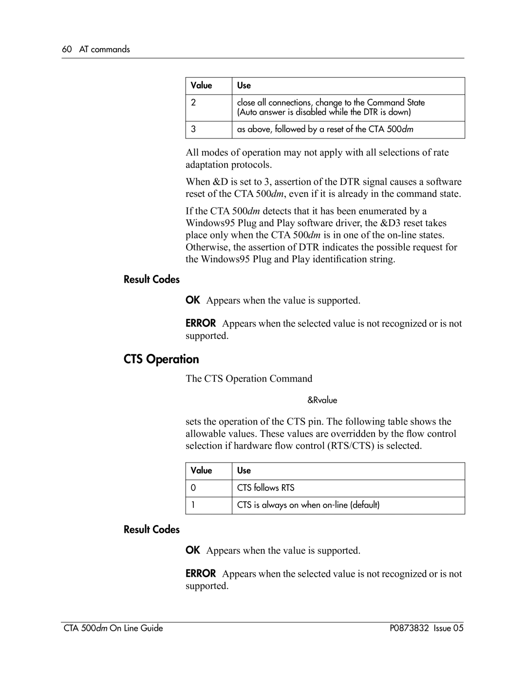 Nortel Networks CTA 500dm manual CTS Operation, AT commands Value 