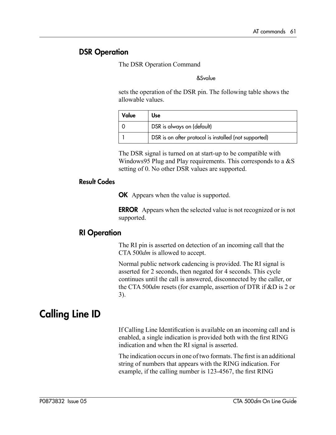 Nortel Networks CTA 500dm manual Calling Line ID, DSR Operation, RI Operation 