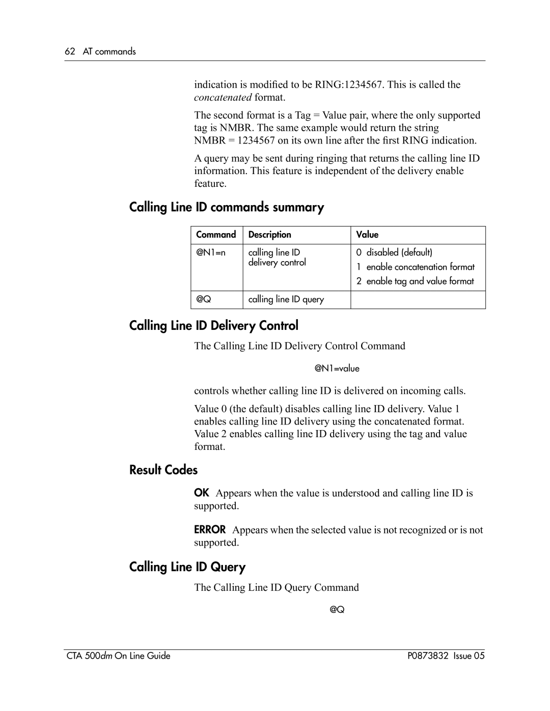 Nortel Networks CTA 500dm manual Calling Line ID commands summary, Calling Line ID Delivery Control, Result Codes 