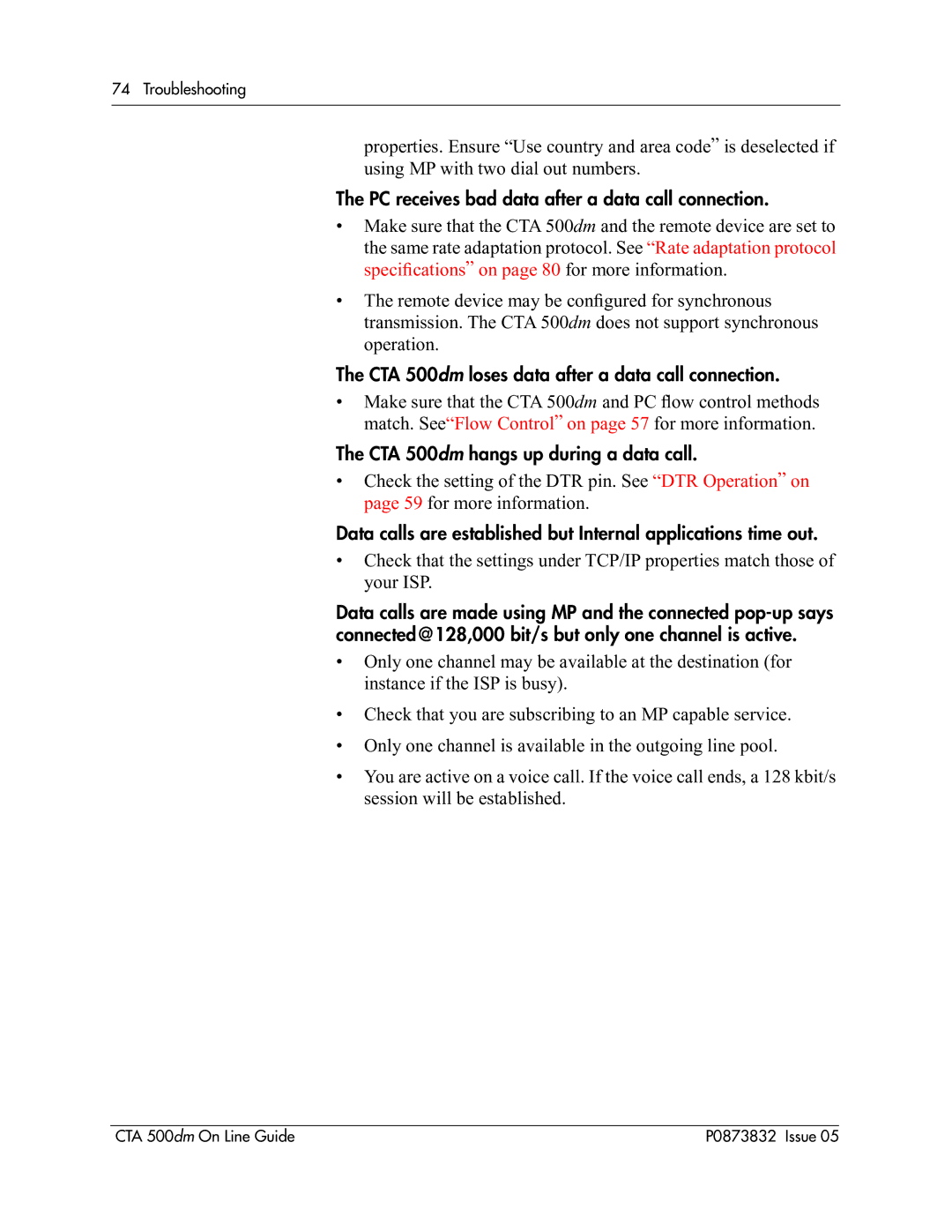 Nortel Networks manual PC receives bad data after a data call connection, CTA 500dm hangs up during a data call 